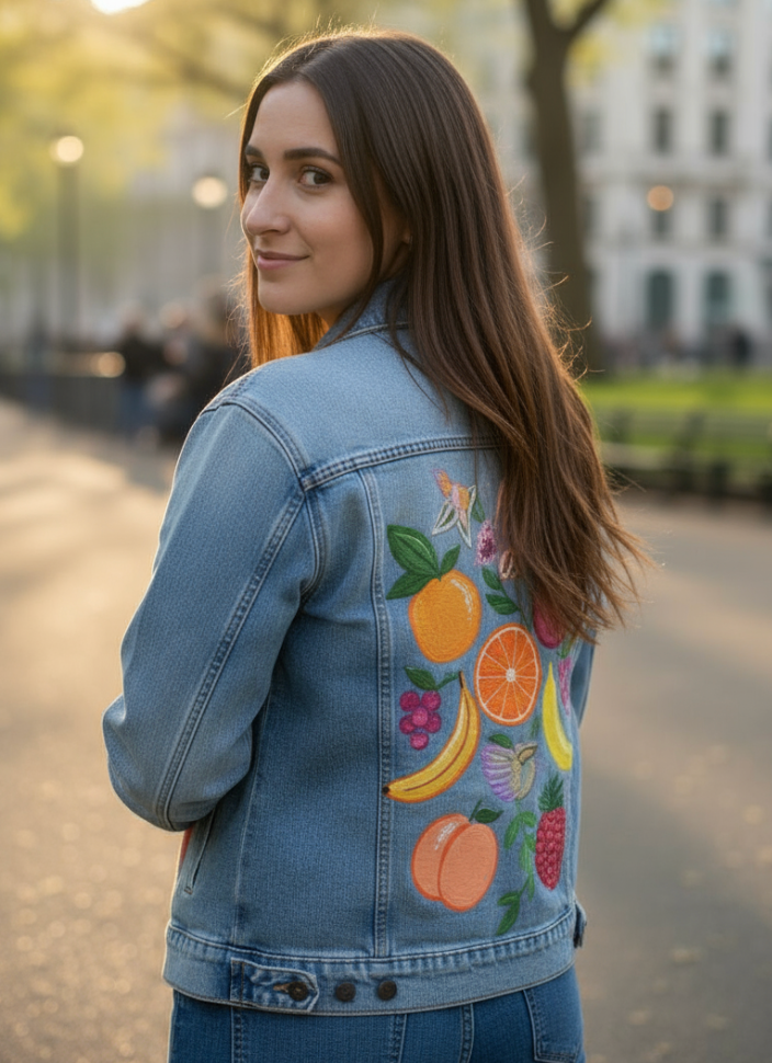 FRUIT GARDEN by HEND SHEHATA, digitally printed on a hand-made Unisex Denim Jacket