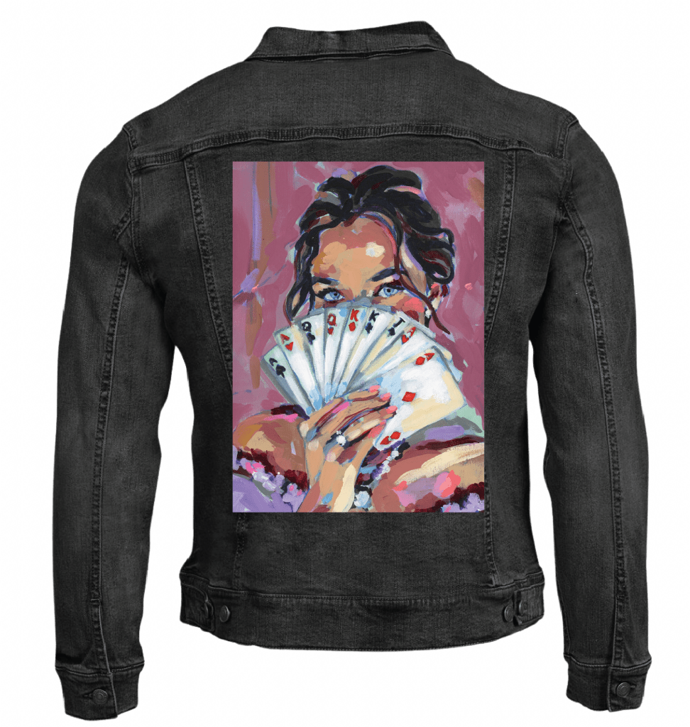 FANNED CARDS by PAIGE FLOTTERUD custom denim jacket by DenimINK
