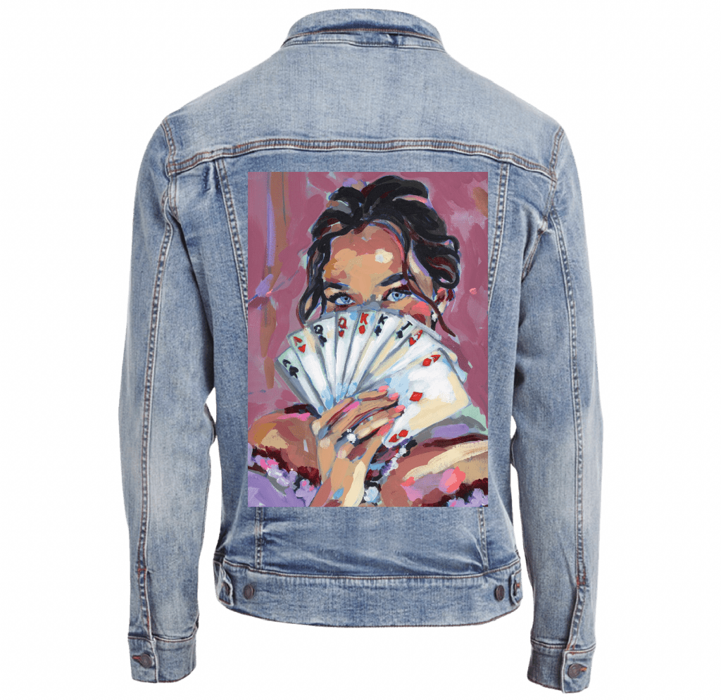 FANNED CARDS by PAIGE FLOTTERUD custom denim jacket by DenimINK