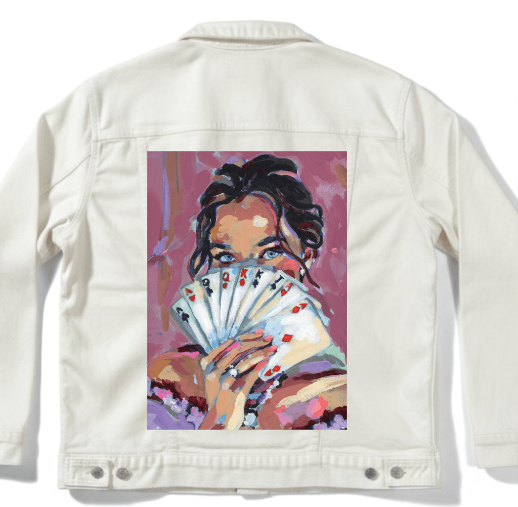 FANNED CARDS by PAIGE FLOTTERUD custom denim jacket by DenimINK