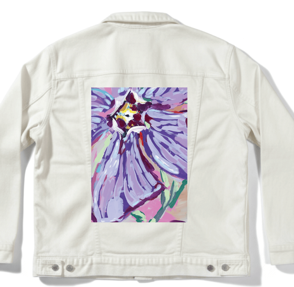FEBRUARY BIRTH FLOWER by PAIGE FLOTTERUD custom denim jacket by DenimINK