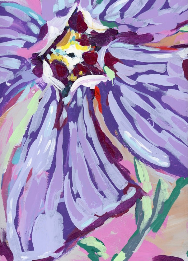 illustration of A close-up flower painted with expressive brushstrokes, featuring long lavender and violet petals radiating outward from a dense center of burgundy, white, and pale yellow. the petals are layered in sweeping strokes with visible texture, interspersed with hints of mint green, soft pink, and sky blue. the background blends pastel lavender, blush, and cream tones with painterly marks throughout. This artwork is titled “February Birth Flower” and created by Paige Flotterud