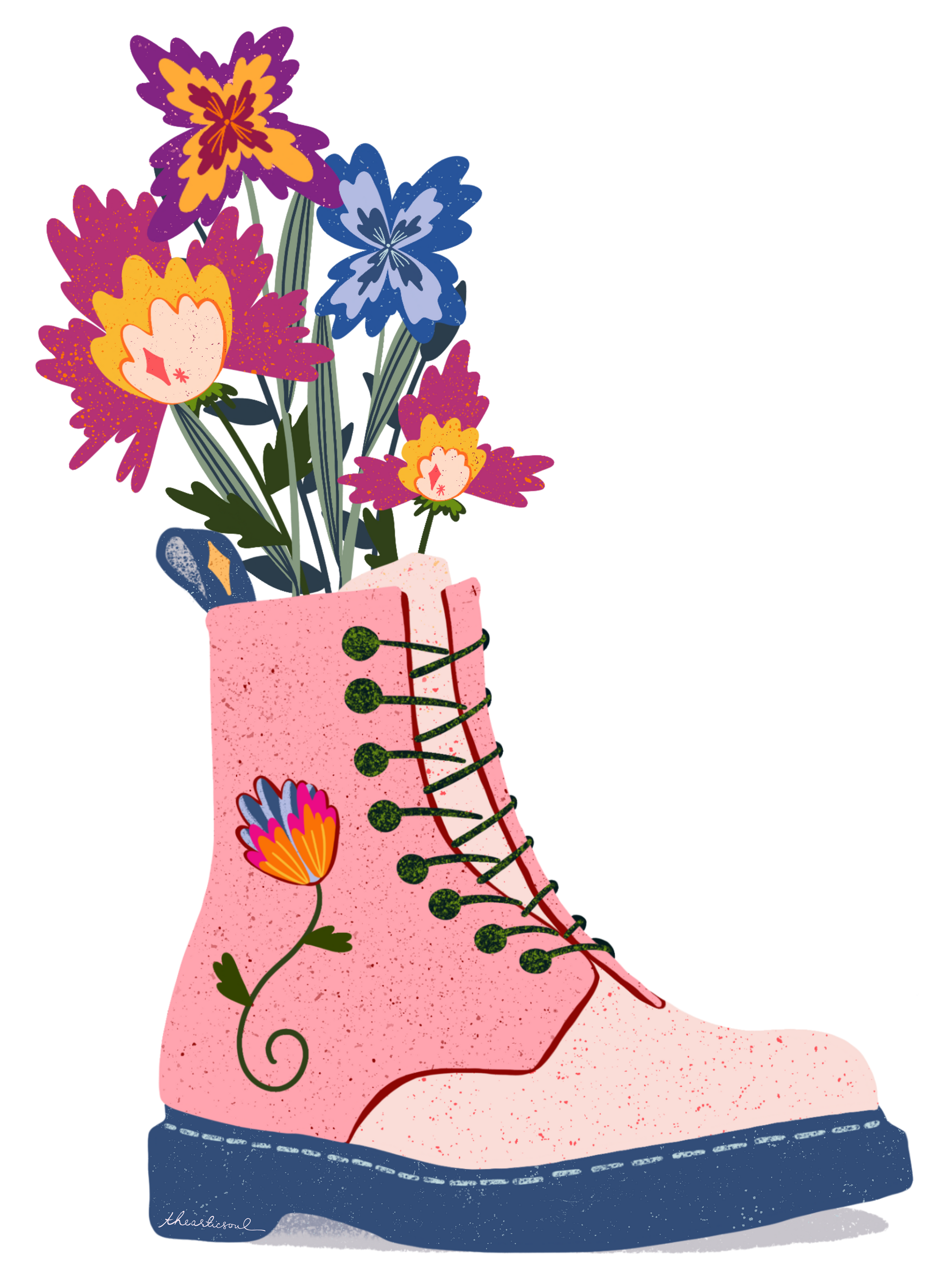 FLORAL BOOTS by thearticsoul, digitally printed on DENIM products: throw pillows, aprons, table place mats, and hand-made Unisex Denim Jackets in 3 color choices