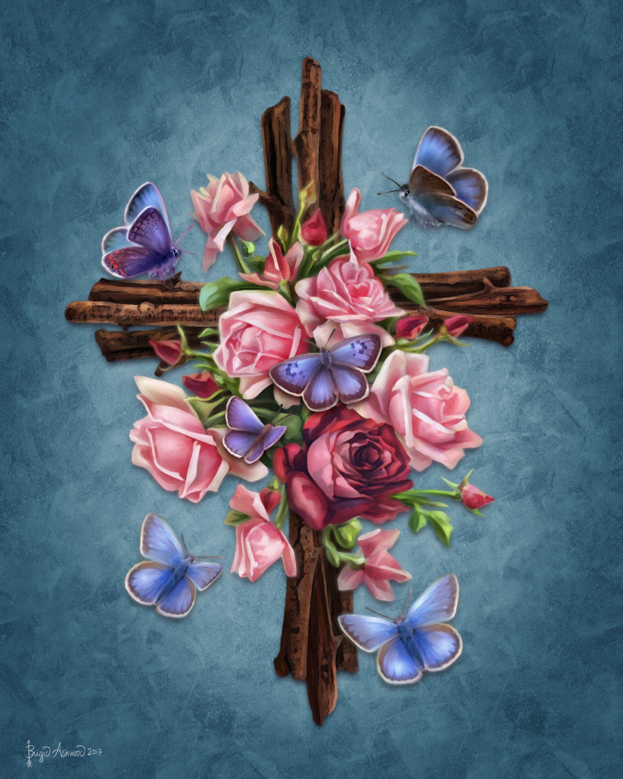 FLOWER CROSS2 by BRIGID ASHWOOD, digitally printed on DENIM products: throw pillows, aprons, table place mats, and hand-made Unisex Denim Jackets in 3 color choices
