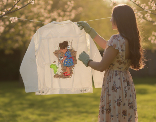 GIRL WATERING, by THE NYGERIANS, digitally printed on DENIM products: throw pillows, aprons, table place mats, and hand-made Unisex Denim Jackets in 3 color choices