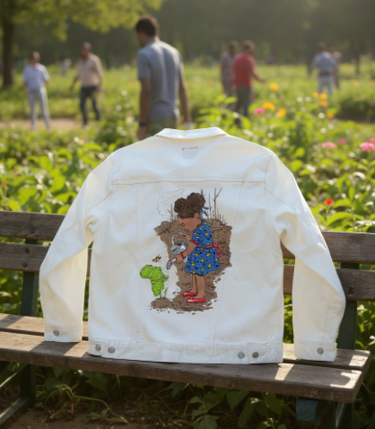 GIRL WATERING, by THE NYGERIANS, digitally printed on DENIM products: throw pillows, aprons, table place mats, and hand-made Unisex Denim Jackets in 3 color choices