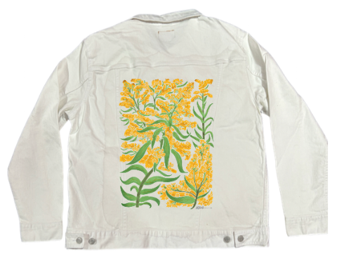 GOLDENROD by KITSCH AND CURATE, digitally printed on DENIM products: throw pillows, aprons, table place mats, and hand-made Unisex Denim Jackets in 3 color choices