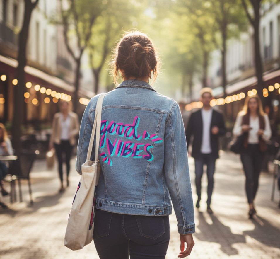 GOOD VIBES by CatCoq, digitally printed on DENIM products: throw pillows, aprons, table place mats, and hand-made Unisex Denim Jackets in 3 color choices