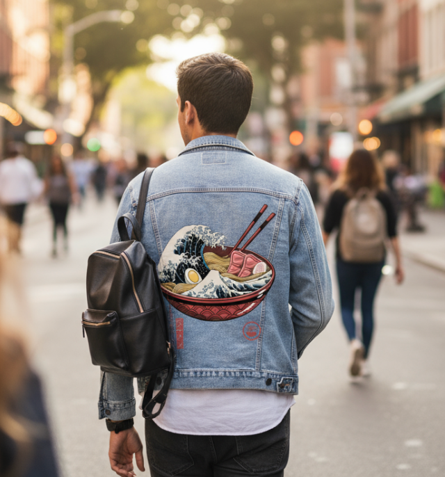 GREAT RAMEN WAVE by VINCENT TRINID, digitally printed on DENIM products: throw pillows, aprons, table place mats, and hand-made Unisex Denim Jackets in 3 color choices