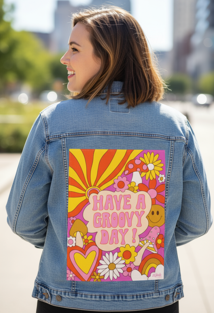 GROOVY DAY PINK by KITSCH AND CURATE, digitally printed on DENIM products: throw pillows, aprons, table place mats, and hand-made Unisex Denim Jackets in 3 color choices