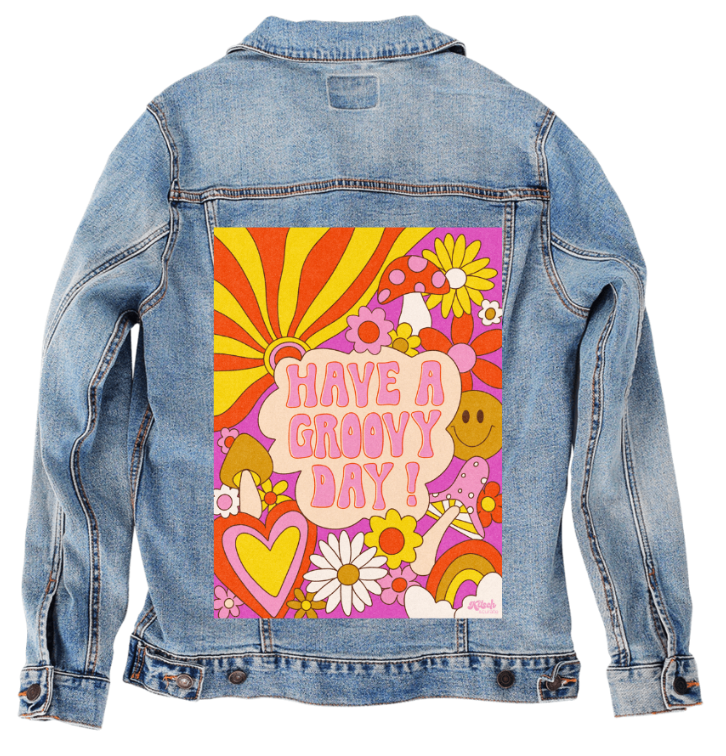 GROOVY DAY PINK by KITSCH AND CURATE, digitally printed on DENIM products: throw pillows, aprons, table place mats, and hand-made Unisex Denim Jackets in 3 color choices