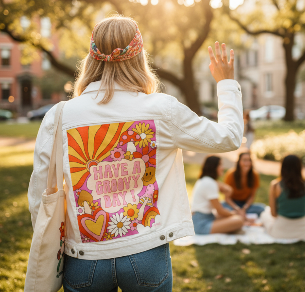 GROOVY DAY PINK by KITSCH AND CURATE, digitally printed on DENIM products: throw pillows, aprons, table place mats, and hand-made Unisex Denim Jackets in 3 color choices