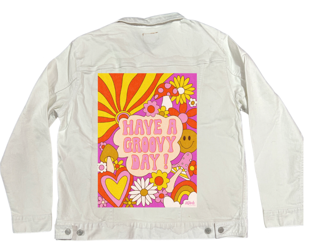 GROOVY DAY PINK by KITSCH AND CURATE, digitally printed on DENIM products: throw pillows, aprons, table place mats, and hand-made Unisex Denim Jackets in 3 color choices