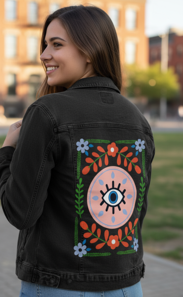 GUARDED by HEND SHEHATA, digitally printed on DENIM products: throw pillows, aprons, table place mats, and hand-made Unisex Denim Jackets in 3 color choices