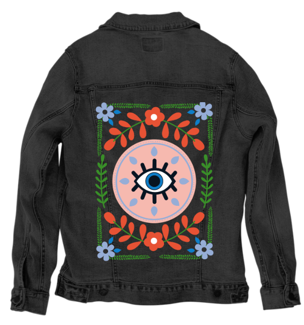 GUARDED by HEND SHEHATA, digitally printed on DENIM products: throw pillows, aprons, table place mats, and hand-made Unisex Denim Jackets in 3 color choices