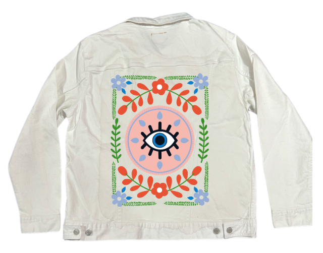 GUARDED by HEND SHEHATA, digitally printed on DENIM products: throw pillows, aprons, table place mats, and hand-made Unisex Denim Jackets in 3 color choices