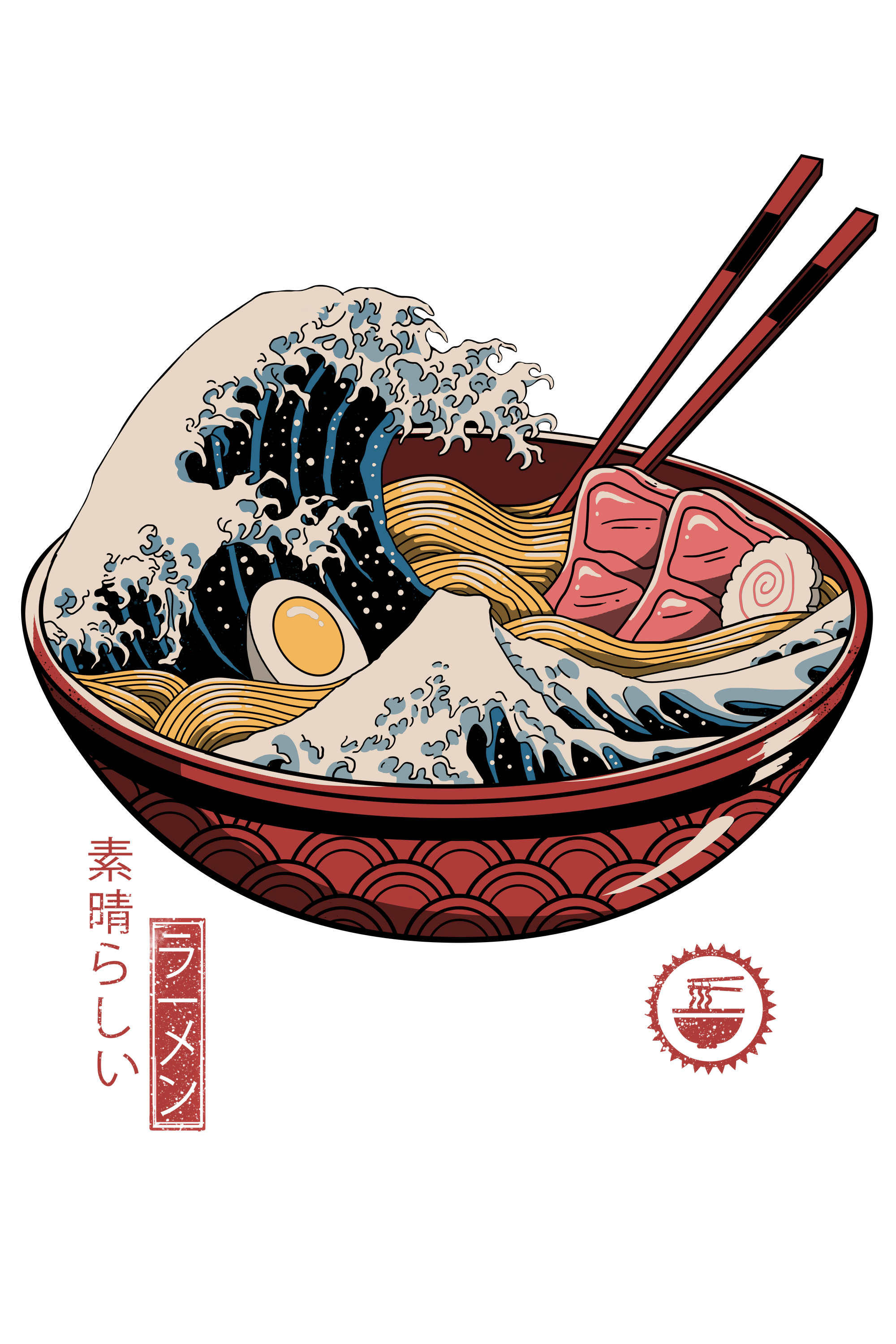 GREAT RAMEN WAVE by VINCENT TRINID, digitally printed on DENIM products: throw pillows, aprons, table place mats, and hand-made Unisex Denim Jackets in 3 color choices