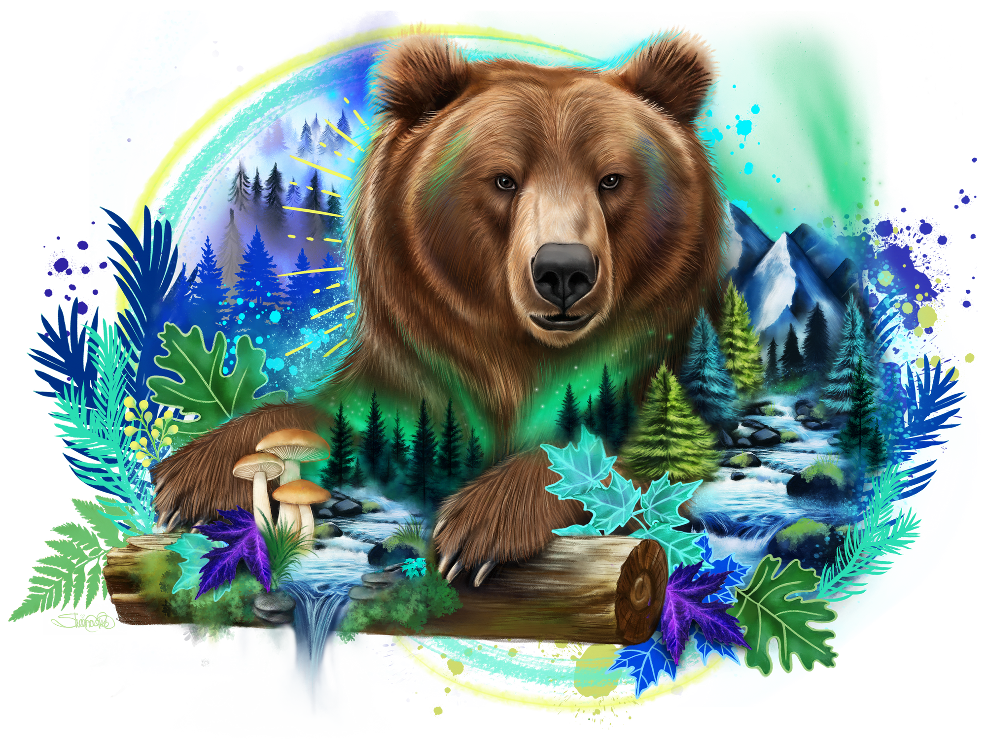 GRIZZLY SPIRIT by SHEENA PIKE, digitally printed on DENIM products: throw pillows, aprons, table place mats, and hand-made Unisex Denim Jackets in 3 color choices