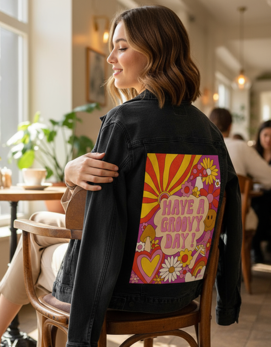GROOVY DAY PINK by KITSCH AND CURATE, digitally printed on DENIM products: throw pillows, aprons, table place mats, and hand-made Unisex Denim Jackets in 3 color choices