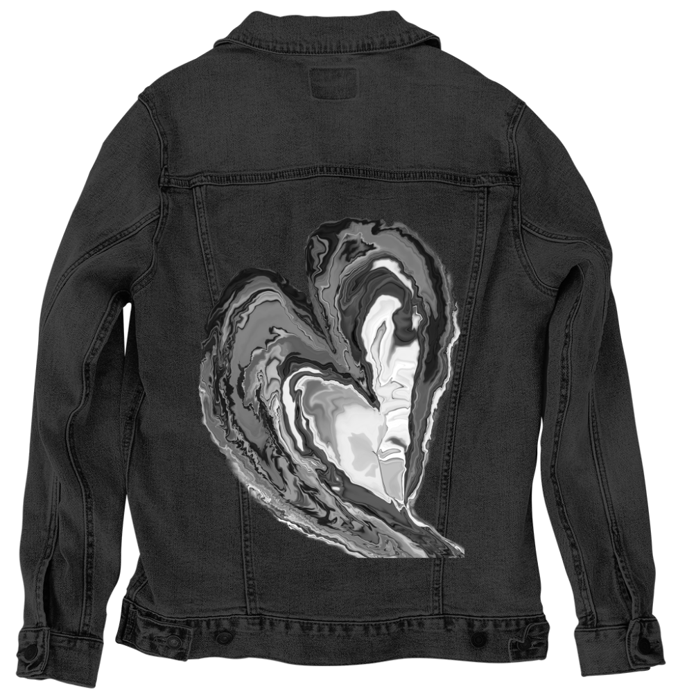 HEART MARBLE by RAMIR DESIGNS, digitally printed on DENIM products: throw pillows, aprons, table place mats, and hand-made Unisex Denim Jackets in 3 color choices