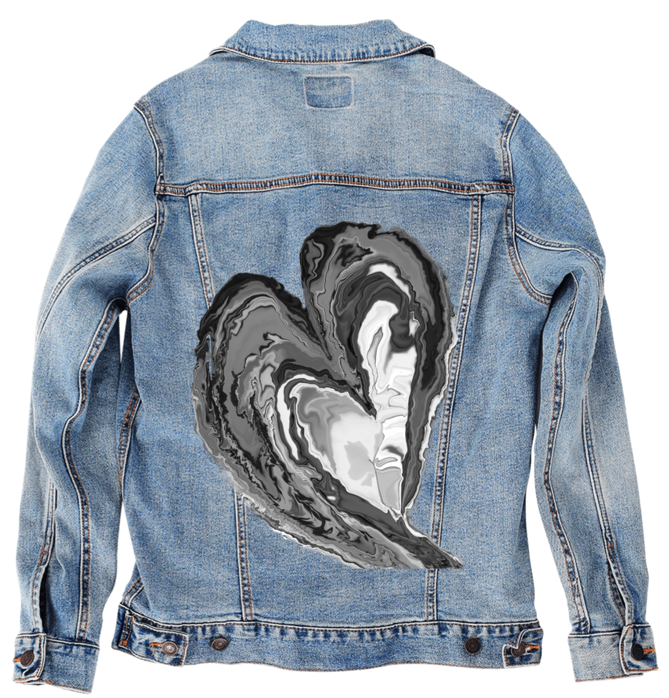 HEART MARBLE by RAMIR DESIGNS, digitally printed on DENIM products: throw pillows, aprons, table place mats, and hand-made Unisex Denim Jackets in 3 color choices