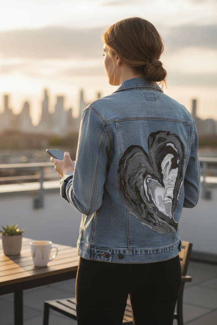HEART MARBLE by RAMIR DESIGNS, digitally printed on DENIM products: throw pillows, aprons, table place mats, and hand-made Unisex Denim Jackets in 3 color choices