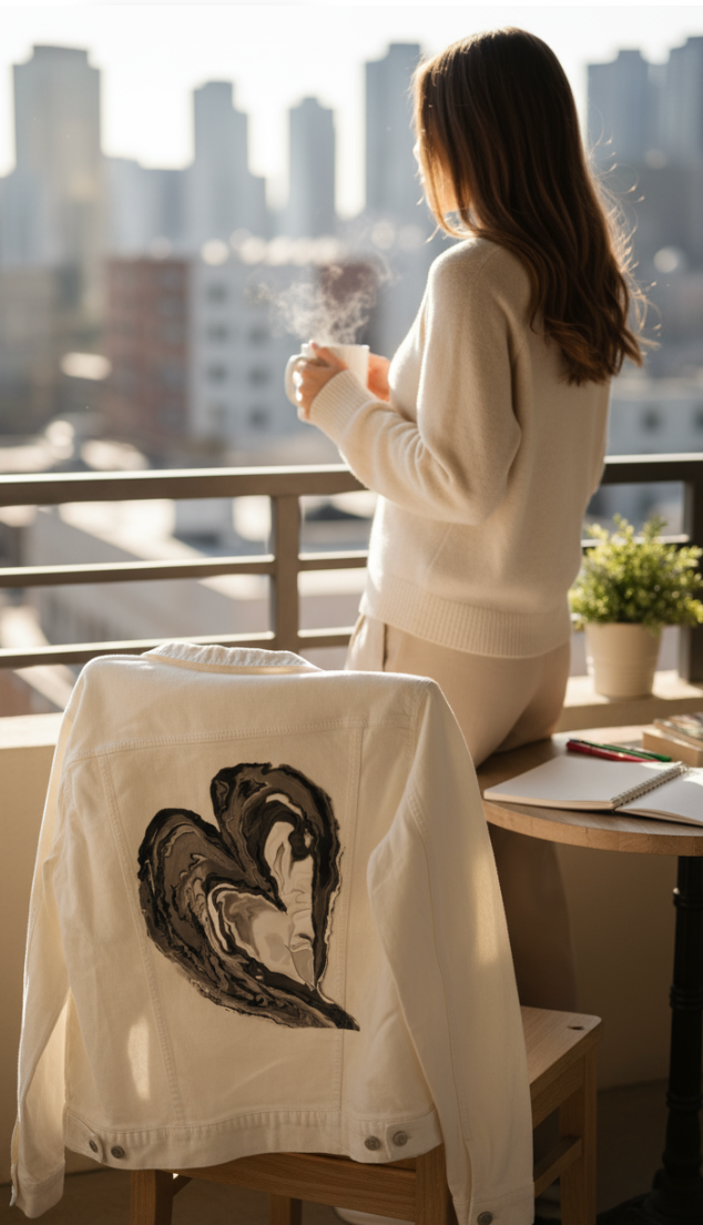 HEART MARBLE by RAMIR DESIGNS, digitally printed on DENIM products: throw pillows, aprons, table place mats, and hand-made Unisex Denim Jackets in 3 color choices