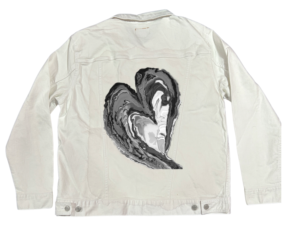 HEART MARBLE by RAMIR DESIGNS, digitally printed on DENIM products: throw pillows, aprons, table place mats, and hand-made Unisex Denim Jackets in 3 color choices
