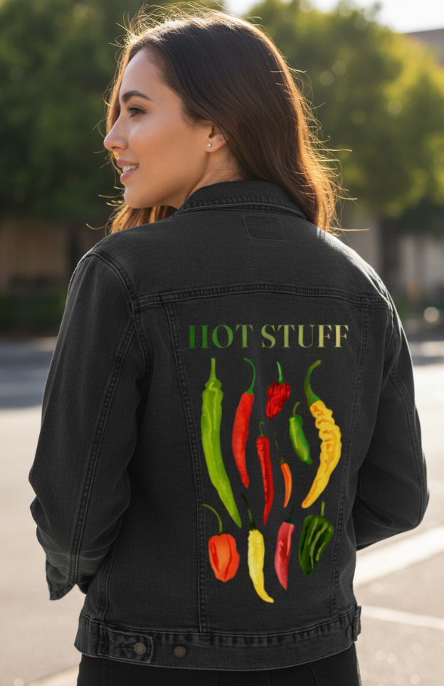HOT STUFF by thearticsoul, digitally printed on DENIM products: throw pillows, aprons, table place mats, and hand-made Unisex Denim Jackets in 3 color choices