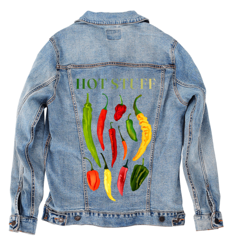 HOT STUFF by thearticsoul, digitally printed on DENIM products: throw pillows, aprons, table place mats, and hand-made Unisex Denim Jackets in 3 color choices