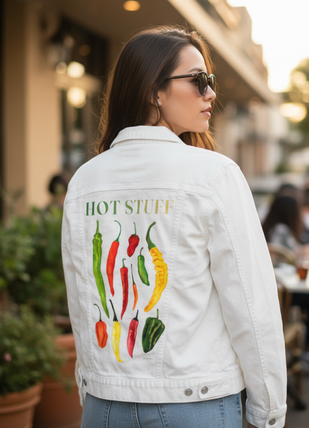 HOT STUFF by thearticsoul, digitally printed on DENIM products: throw pillows, aprons, table place mats, and hand-made Unisex Denim Jackets in 3 color choices