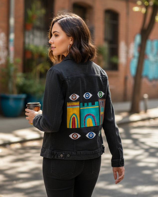 HOUSES by HEND SHEHATA, digitally printed on DENIM products: throw pillows, aprons, table place mats, and hand-made Unisex Denim Jackets in 3 color choices