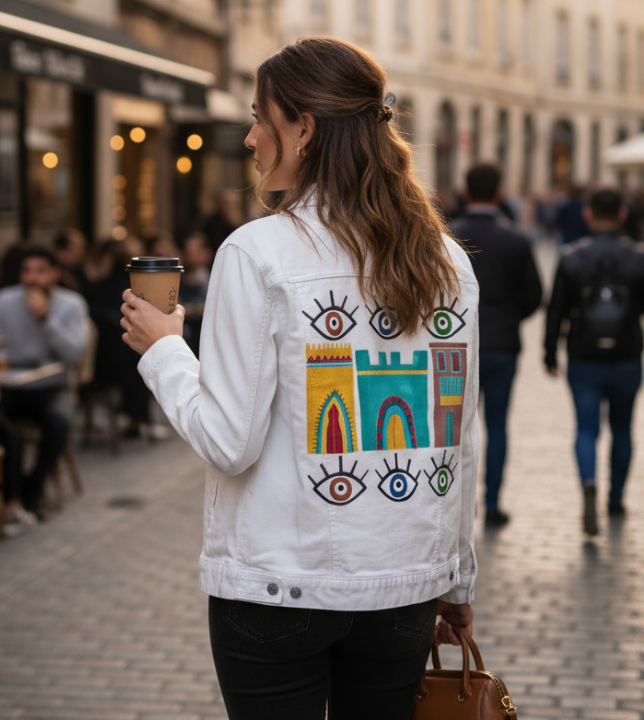 HOUSES by HEND SHEHATA, digitally printed on DENIM products: throw pillows, aprons, table place mats, and hand-made Unisex Denim Jackets in 3 color choices