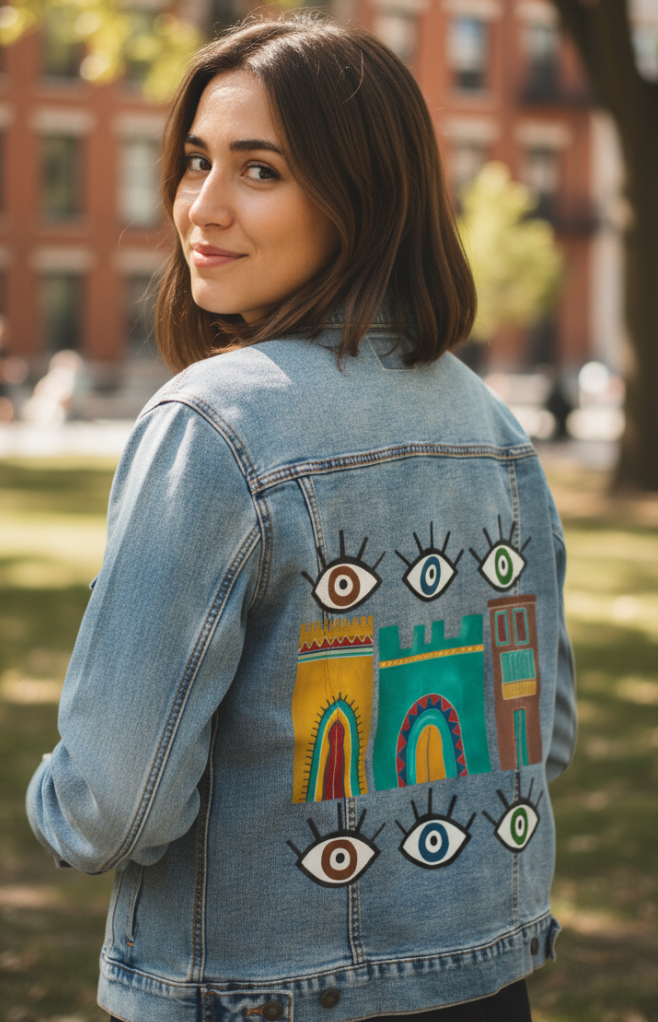 HOUSES by HEND SHEHATA, digitally printed on DENIM products: throw pillows, aprons, table place mats, and hand-made Unisex Denim Jackets in 3 color choices