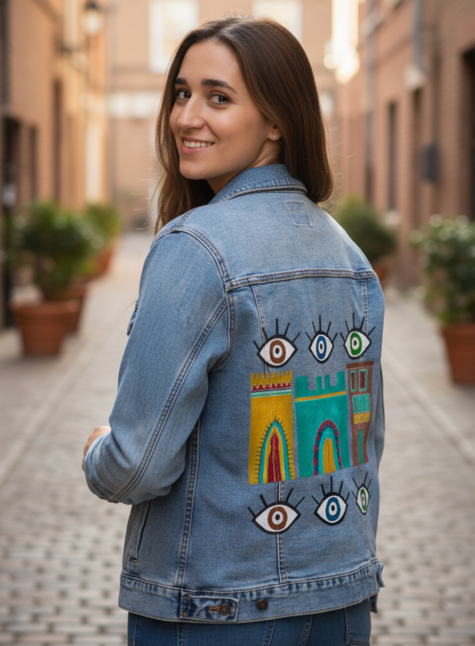 HOUSES by HEND SHEHATA, digitally printed on DENIM products: throw pillows, aprons, table place mats, and hand-made Unisex Denim Jackets in 3 color choices