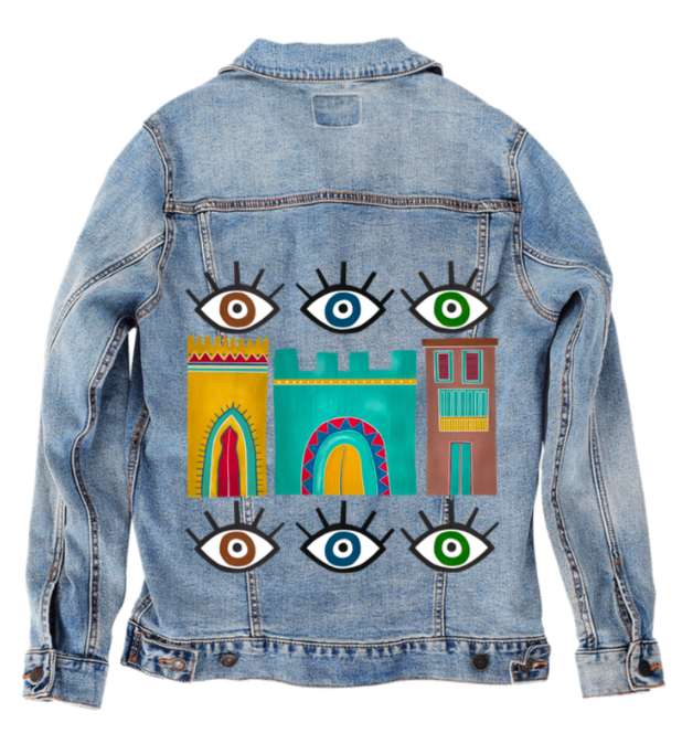 HOUSES by HEND SHEHATA, digitally printed on DENIM products: throw pillows, aprons, table place mats, and hand-made Unisex Denim Jackets in 3 color choices