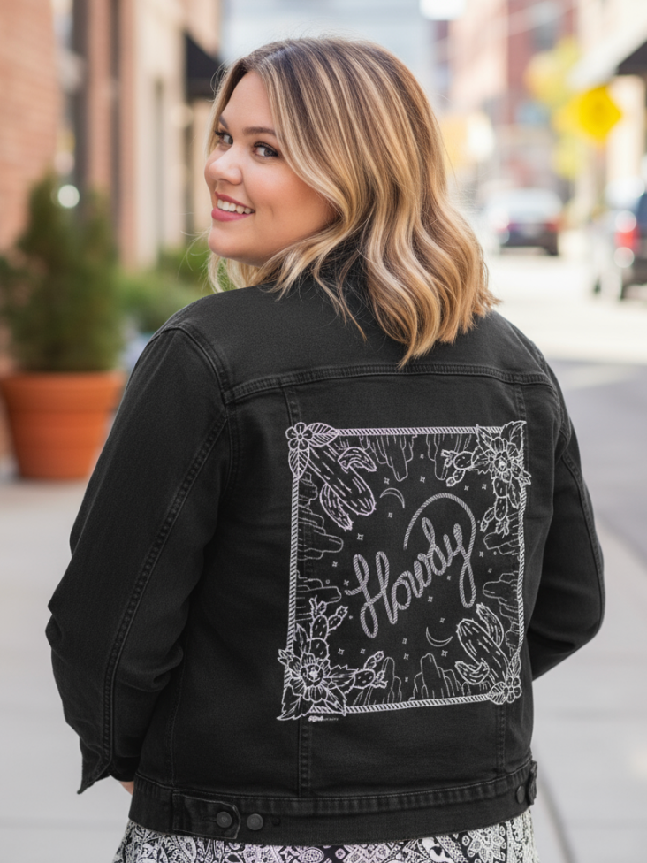 HOWDY SQUARE by KITSCH AND CURATE, digitally printed on DENIM products: throw pillows, aprons, table place mats, and hand-made Unisex Denim Jackets in 3 color choices