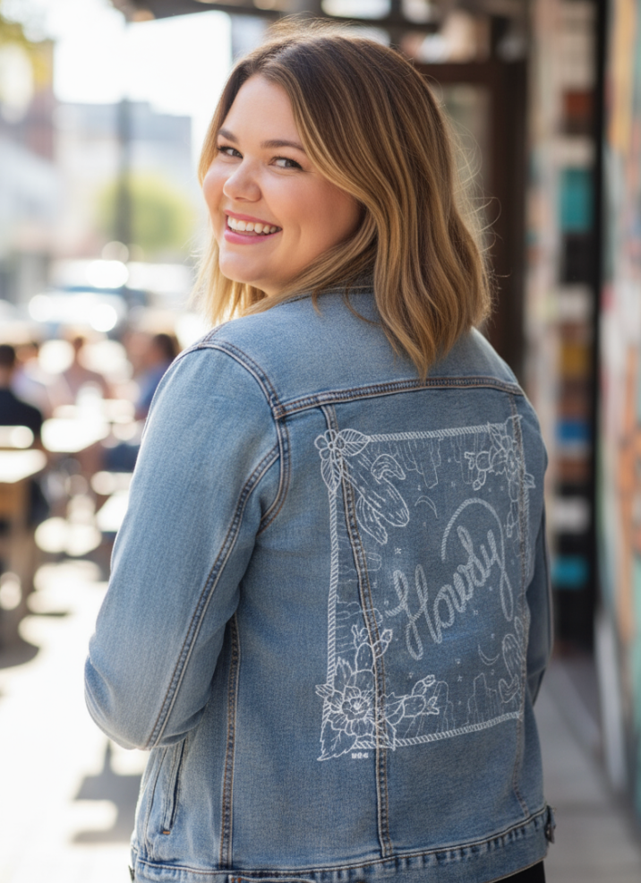 HOWDY SQUARE by KITSCH AND CURATE, digitally printed on DENIM products: throw pillows, aprons, table place mats, and hand-made Unisex Denim Jackets in 3 color choices