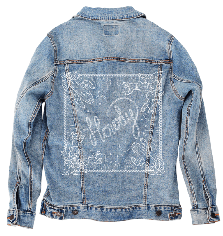 HOWDY SQUARE by KITSCH AND CURATE, digitally printed on DENIM products: throw pillows, aprons, table place mats, and hand-made Unisex Denim Jackets in 3 color choices