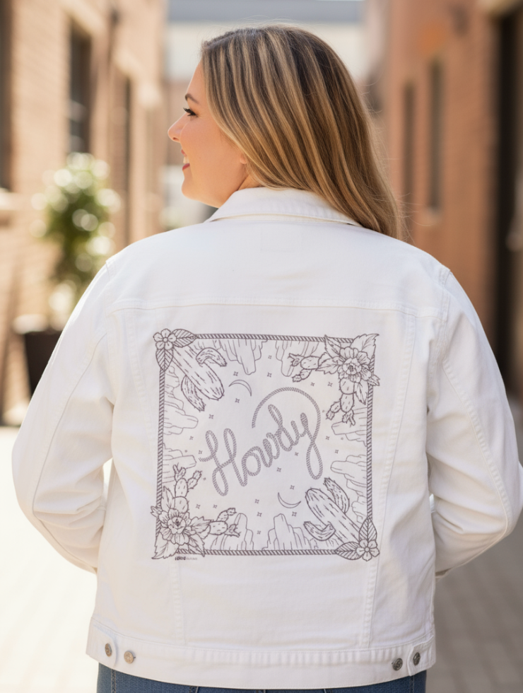 HOWDY SQUARE by KITSCH AND CURATE, digitally printed on a hand-made Unisex Denim Jacket