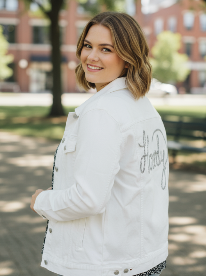 HOWDY TEXT by KITSCH AND CURATE, digitally printed on DENIM products: throw pillows, aprons, table place mats, and hand-made Unisex Denim Jackets in 3 color choices