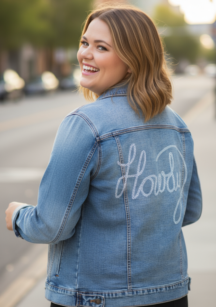 HOWDY TEXT by KITSCH AND CURATE, digitally printed on DENIM products: throw pillows, aprons, table place mats, and hand-made Unisex Denim Jackets in 3 color choices