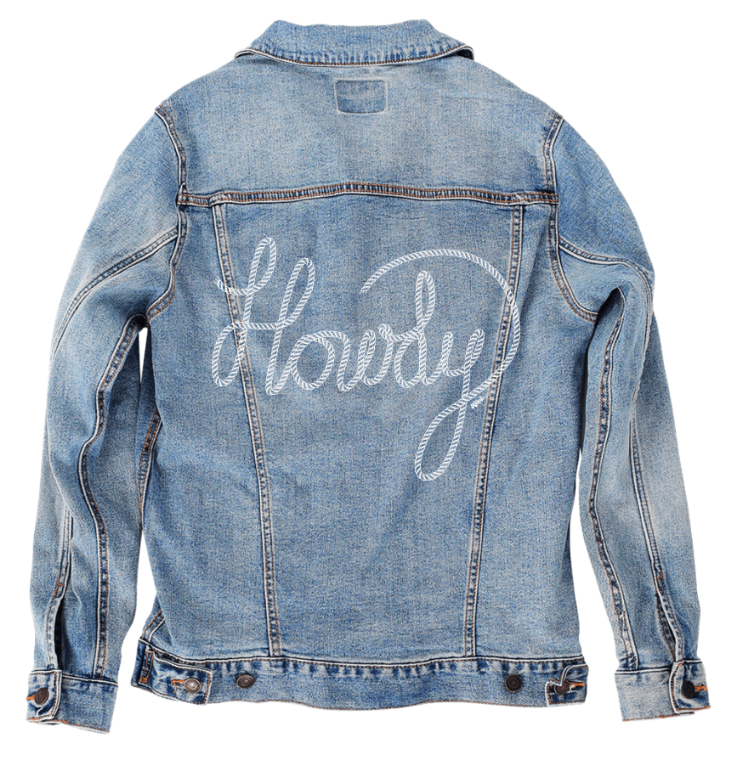 HOWDY TEXT by KITSCH AND CURATE, digitally printed on DENIM products: throw pillows, aprons, table place mats, and hand-made Unisex Denim Jackets in 3 color choices