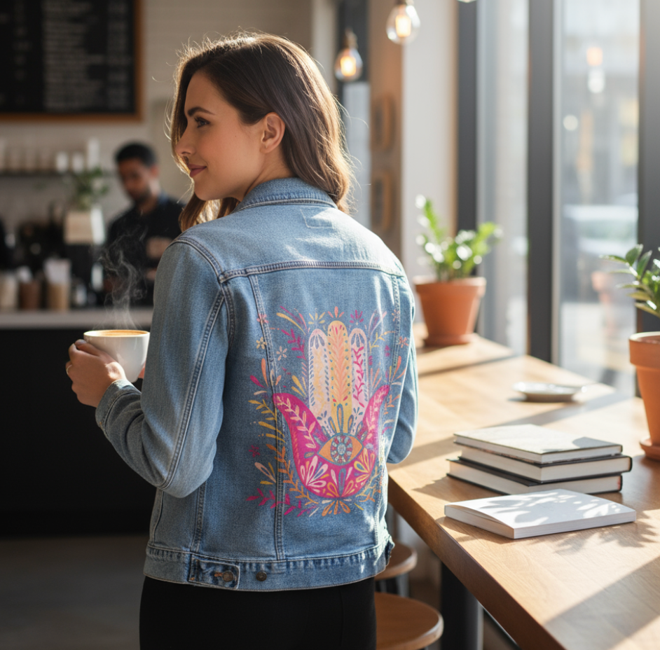HAMSA HAND by CatCoq, digitally printed on DENIM products: throw pillows, aprons, table place mats, and hand-made Unisex Denim Jackets in 3 color choices
