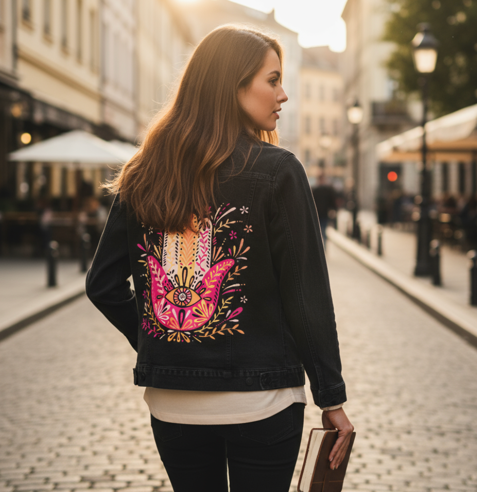 HAMSA HAND by CatCoq, digitally printed on DENIM products: throw pillows, aprons, table place mats, and hand-made Unisex Denim Jackets in 3 color choices