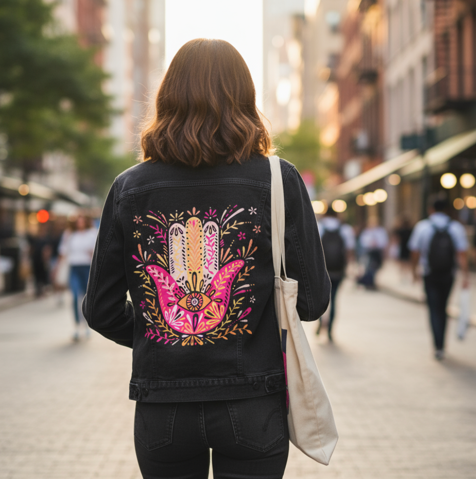 HAMSA HAND by CatCoq, digitally printed on DENIM products: throw pillows, aprons, table place mats, and hand-made Unisex Denim Jackets in 3 color choices