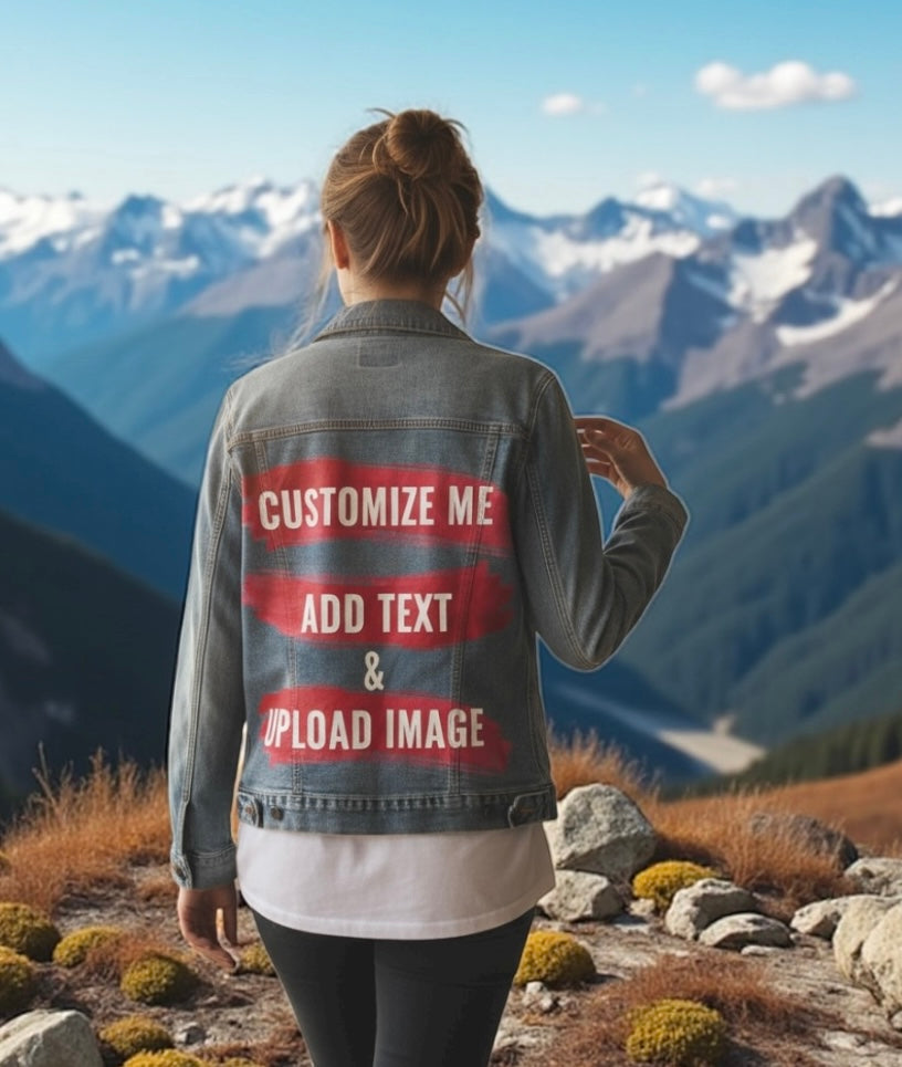 Customize &amp; Design your own Denim Jacket (hand-made) with 3 color choices of jacket: Stonewash, White, or Black. Unisex XS S M L XL 2X 3X. USA hand-crafted and USA digitally printed. Ships free within the USA &amp; also ships Internationally.