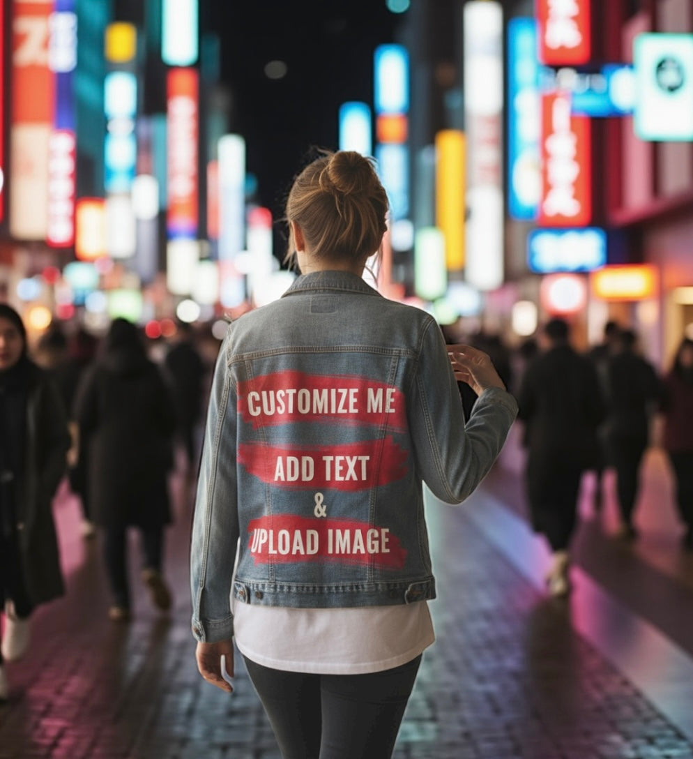 Customize &amp; Design your own Denim Jacket (hand-made) with 3 color choices of jacket: Stonewash, White, or Black. Unisex XS S M L XL 2X 3X. USA hand-crafted and USA digitally printed. Ships free within the USA &amp; also ships Internationally.