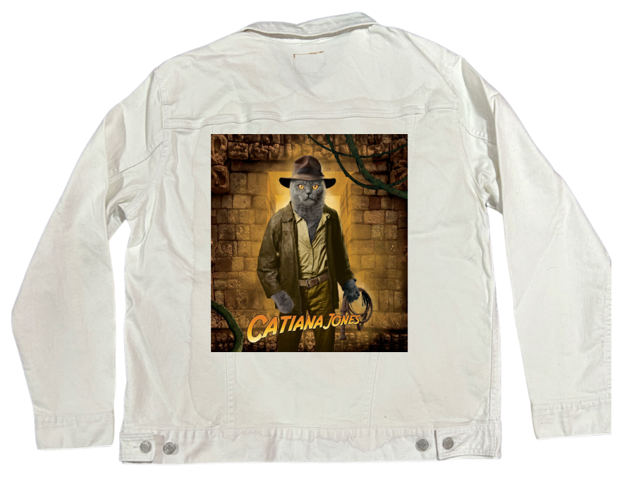 INDIANA JONES CAT by VINCENT HIE, digitally printed on DENIM products: throw pillows, aprons, table place mats, and hand-made Unisex Denim Jackets in 3 color choices