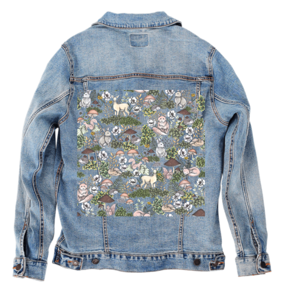 INTO THE WOODS by CECILIA BATTAINI, digitally printed on DENIM products: throw pillows, aprons, table place mats, and hand-made Unisex Denim Jackets in 3 color choices